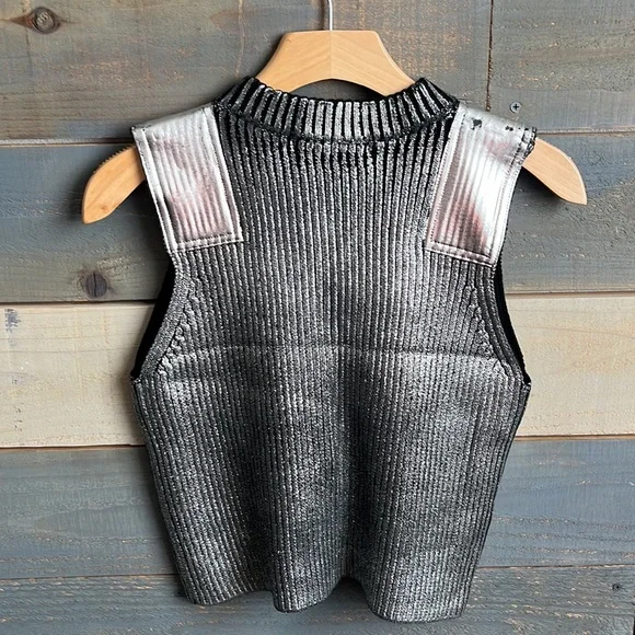 Zoey W. Los Angeles Metallic Knit V Neck Patch Vest Grey Silver - Picture 7 of 12